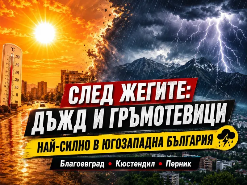 Тъмни дъждовни облаци над планините в Югозападна България преди буря.