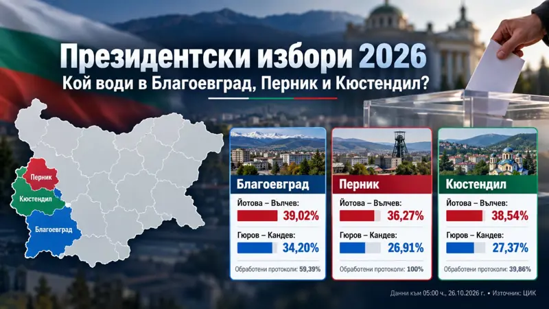 Президентски избори 2026 – резултати от гласуването в областите Благоевград, Перник и Кюстендил по данни на ЦИК.