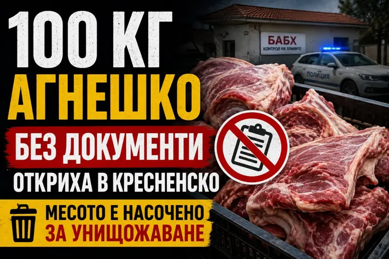 Инспектор по храните извършва проверка на месо в склад