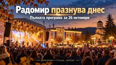 Празник на град Радомир на 26 октомври 2026 г. – концертна програма с Емилия, Мона и други изпълнители на площад „Свобода“.