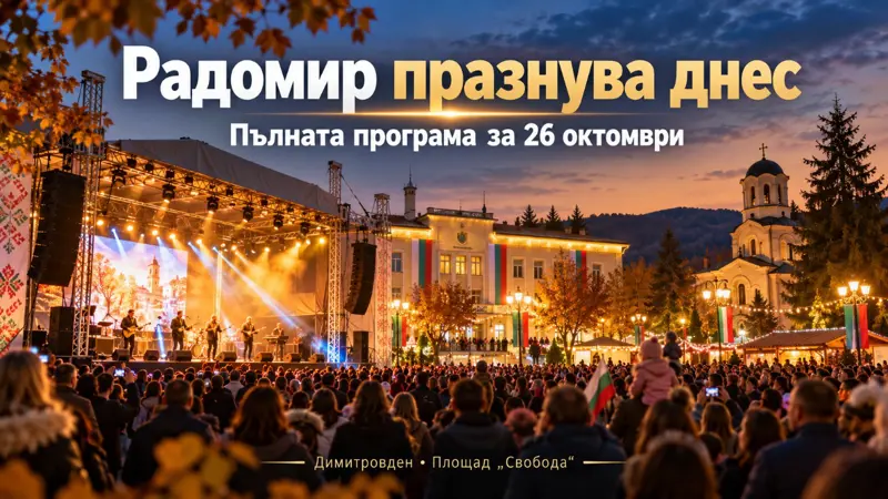 Празник на град Радомир на 26 октомври 2026 г. – концертна програма с Емилия, Мона и други изпълнители на площад „Свобода“.