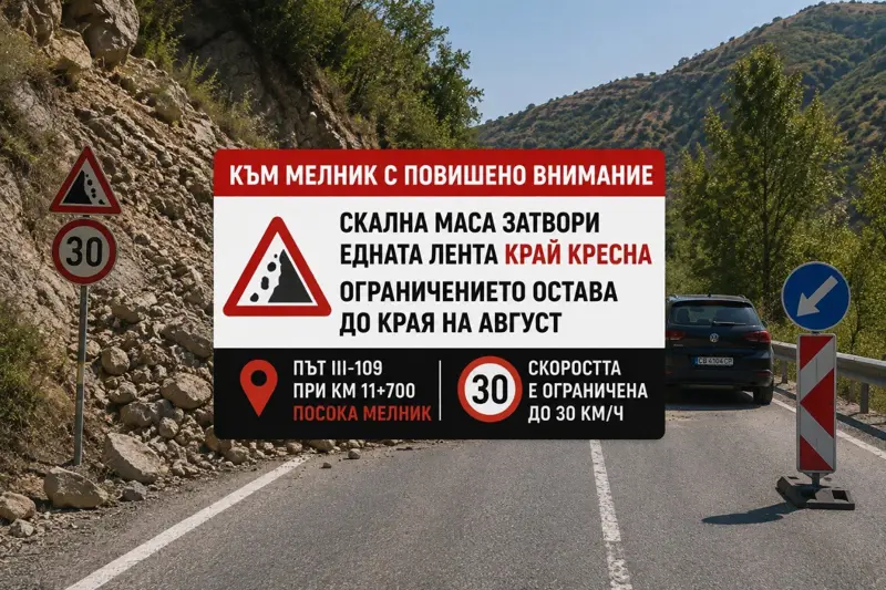 Пътен знак за ограничение на скоростта и стеснен участък на пътя към Мелник.