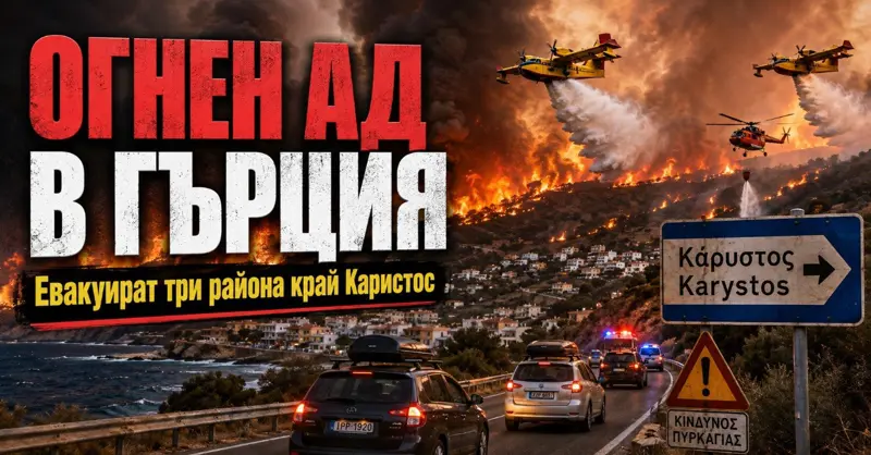 ОГНЕН АД В ГЪРЦИЯ: 112 разпореди евакуация на три района край Каристос