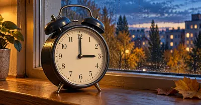Часовник, показващ 03:00 ч., до прозорец с есенен пейзаж