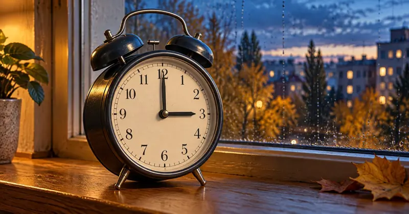 Часовник, показващ 03:00 ч., до прозорец с есенен пейзаж