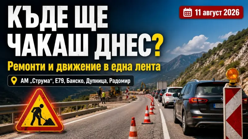 Пътни знаци и ограничение на движението в една лента по време на ремонтни дейности на магистрала.