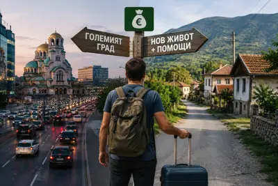 Човек с кашони за преместване на фона на малък град в България.