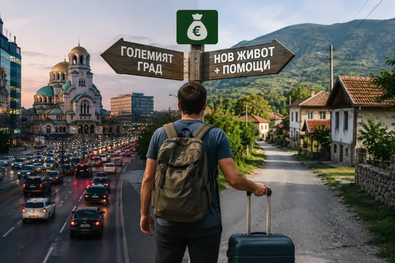 Човек с кашони за преместване на фона на малък град в България.