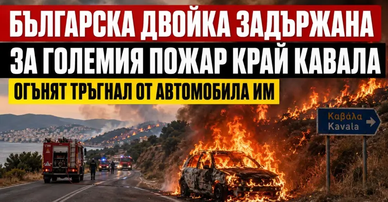 БЪЛГАРСКА ДВОЙКА ЗАДЪРЖАНА ЗА ГОЛЕМИЯ ПОЖАР КРАЙ КАВАЛА: огънят тръгнал от автомобила им