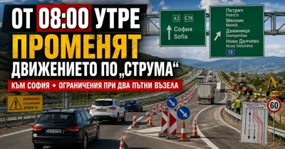ОТ 08:00 УТРЕ ПРОМЕНЯТ ДВИЖЕНИЕТО ПО АМ „СТРУМА“: ограничения към София при два пътни възела