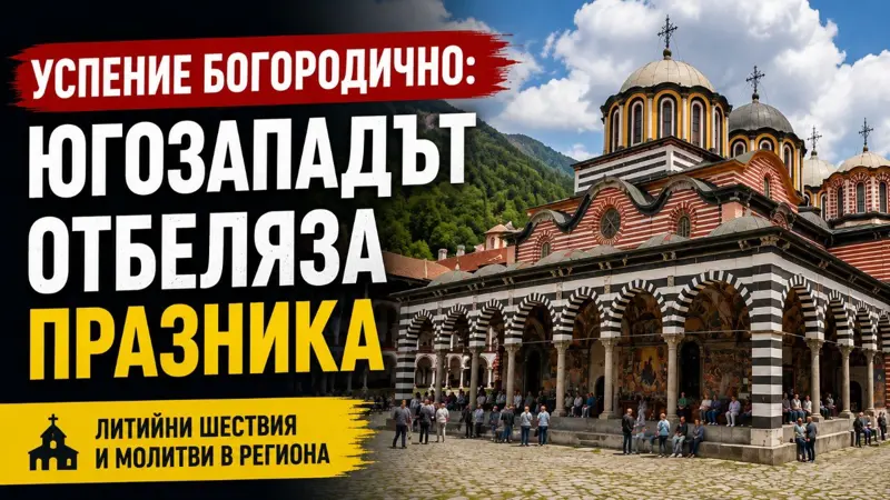 Вярващи участват в литийно шествие с икона пред храм по време на празника Успение Богородично.