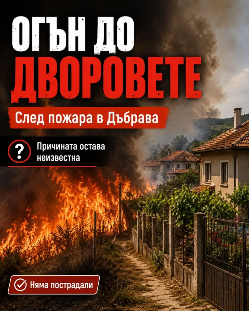 Пожарникари гасят пожар в сухи треви край къщи в село Дъбрава.