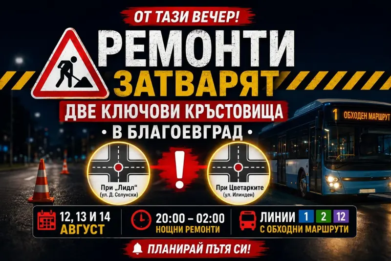 Нощен ремонт на асфалтова настилка на кръстовище в градска среда